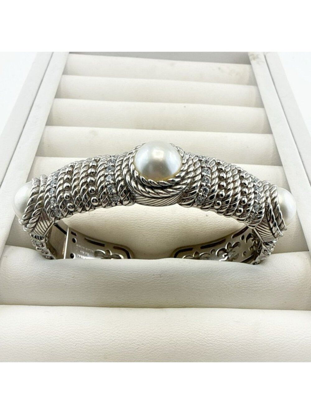 Judith Ripka Bracelet Cuff Pearl Hinged Sterling Silver SMALL 48g Bangle Cable
